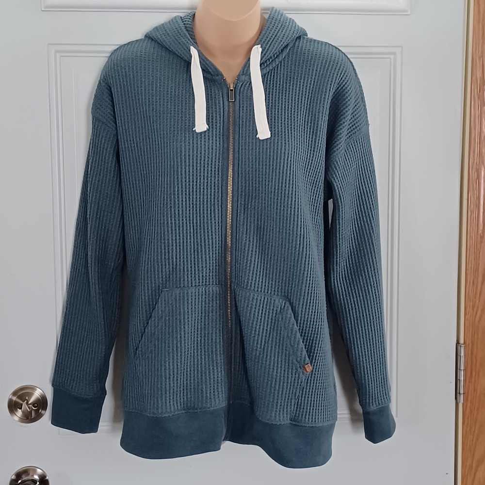 L.L. Bean Birchwood Brushed Waffle Knit Hoodie Women M Teal Blue Full Zip